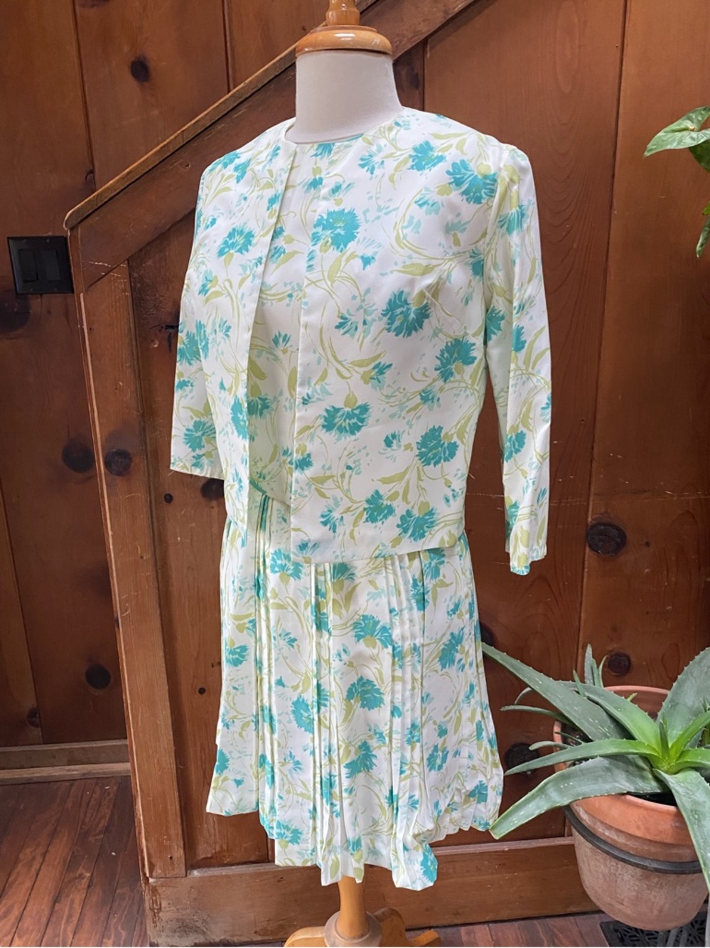 Vintage Three Piece Set with Crop Sleeveless Top, Pleated Skirt, & open Jacket